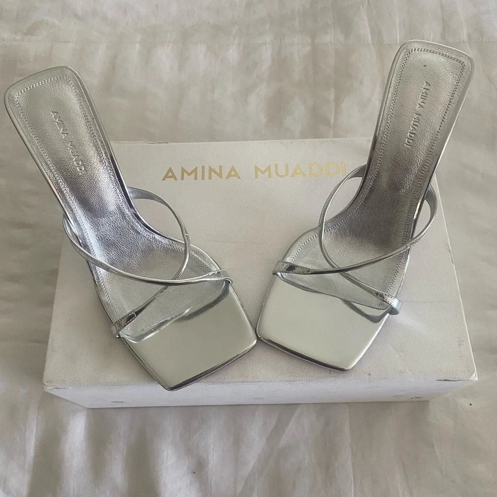 ✨ NEW! Authentic! Amina Muaddi Silver Strappy Heels – Size 38.5 ✨ Mules